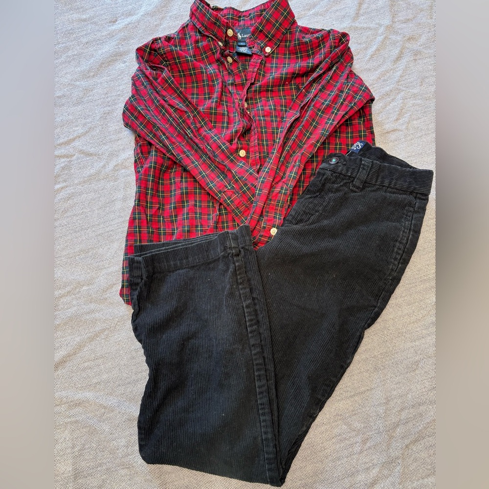 ⭕️Boys size 7 Chaps Red Plaid Shirt and Black Pants Set
